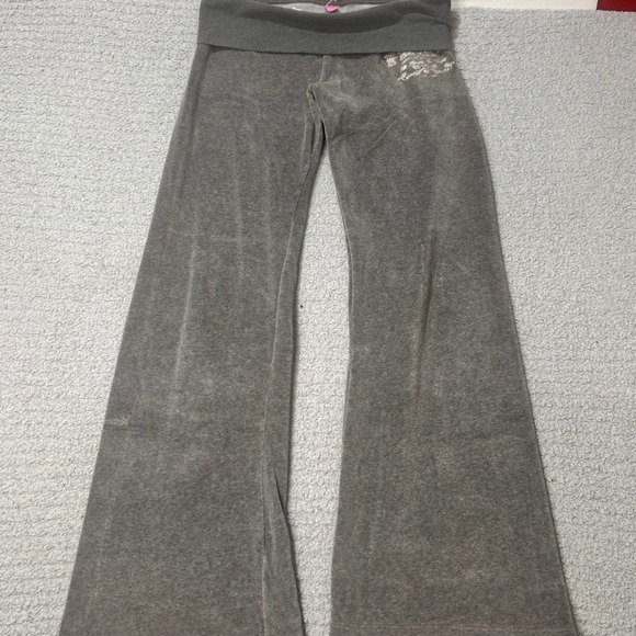 Victoria's Secret PINK Pants - VS Pink Yoga Pants 2005 Velour XS Grey Y2K McBling Flare Foldover Loungewear